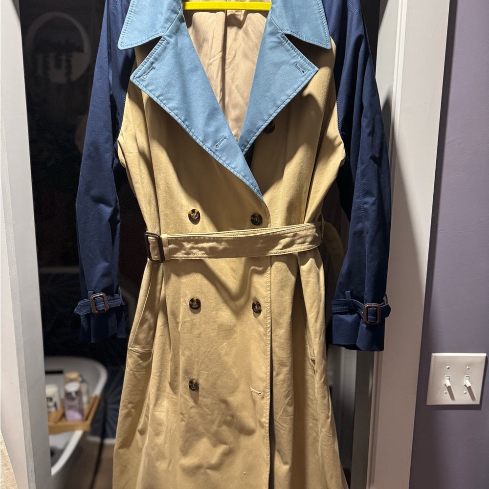 Ann Taylor Beige Trench Coat with Navy Sleeves and Light Blue Collar (worn once)